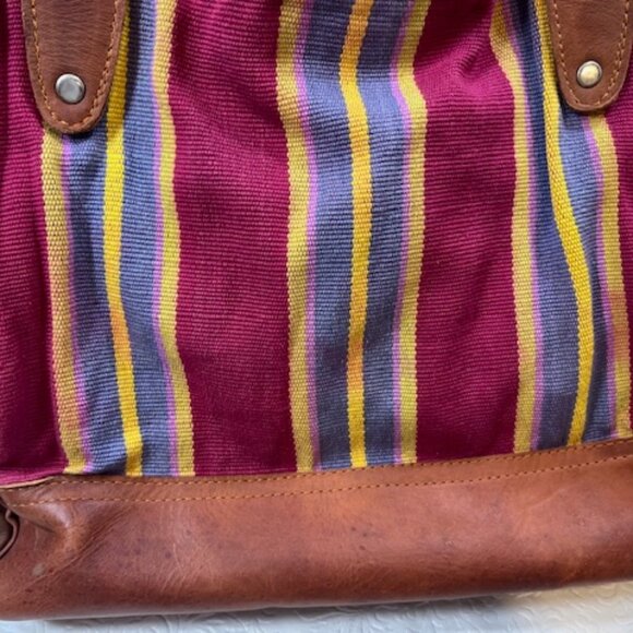 VTG Brown Leather & Striped Tapestry Handbag Snap Closure 11"x4"x10.5" - Picture 12 of 13